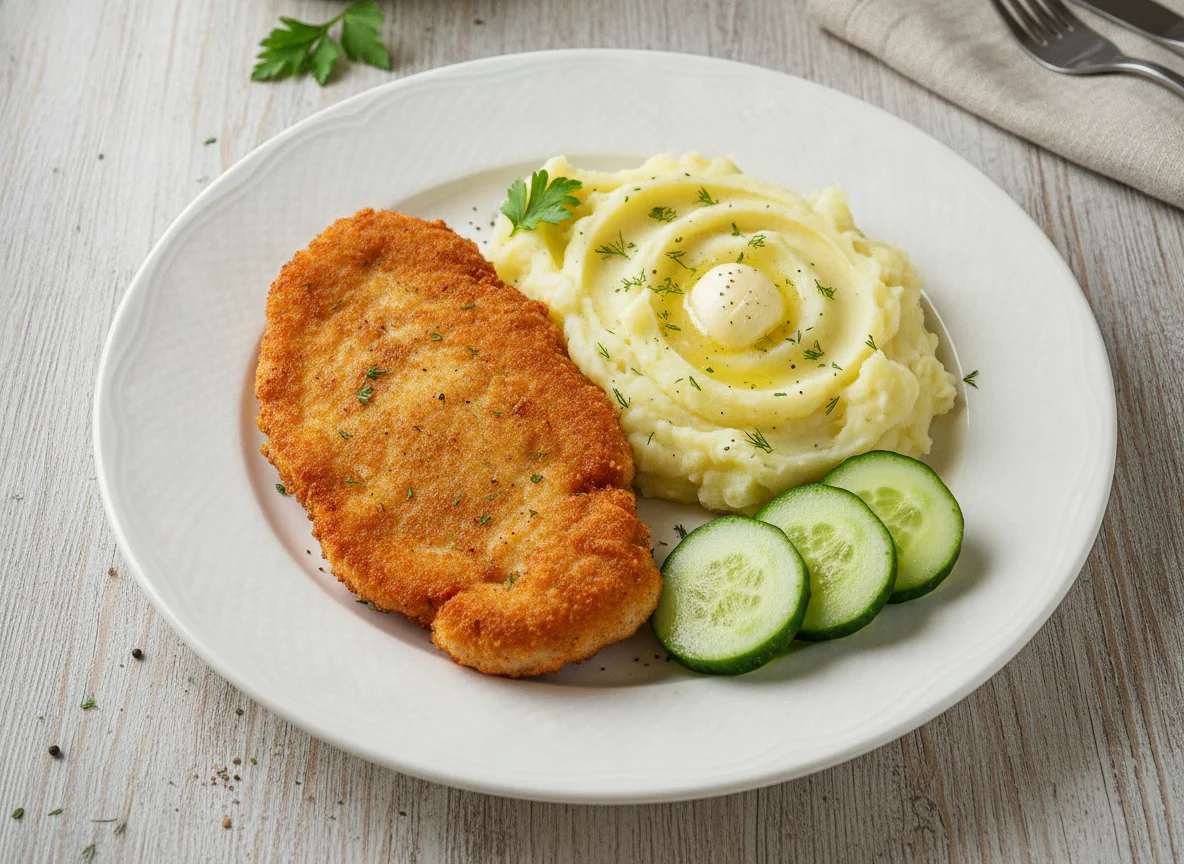 Куриная отбивная с картофельным пюре и огурцом photo