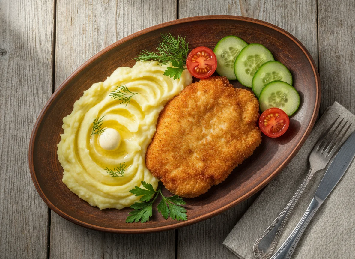 Куриная отбивная с картофельным пюре и овощами photo