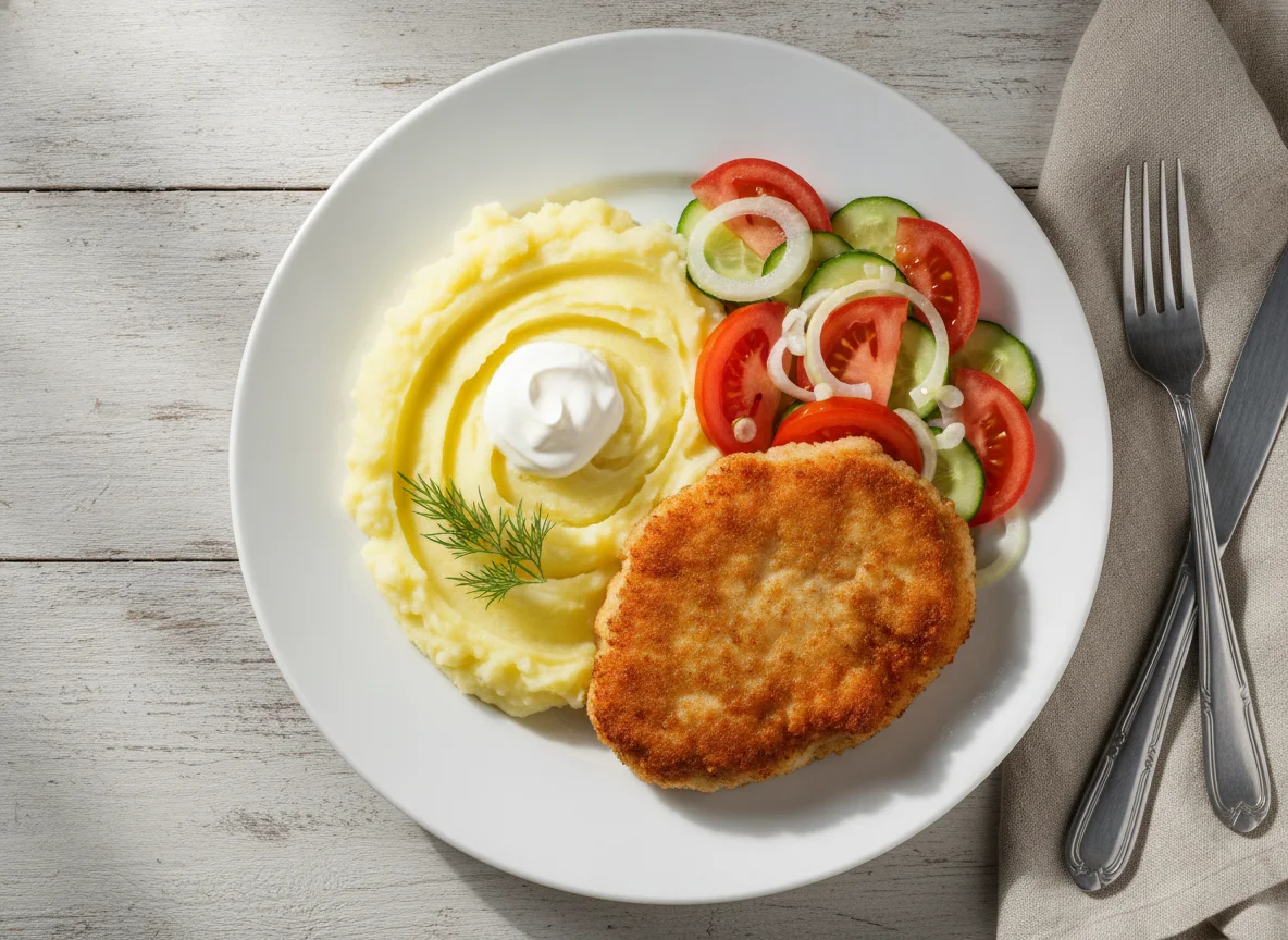 Куриная отбивная с картофельным пюре и овощным салатом photo