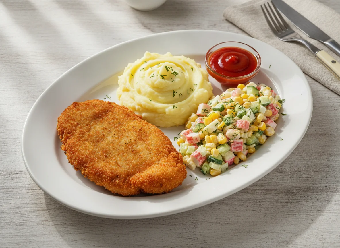 Куриная отбивная с картофельным пюре и салатом photo