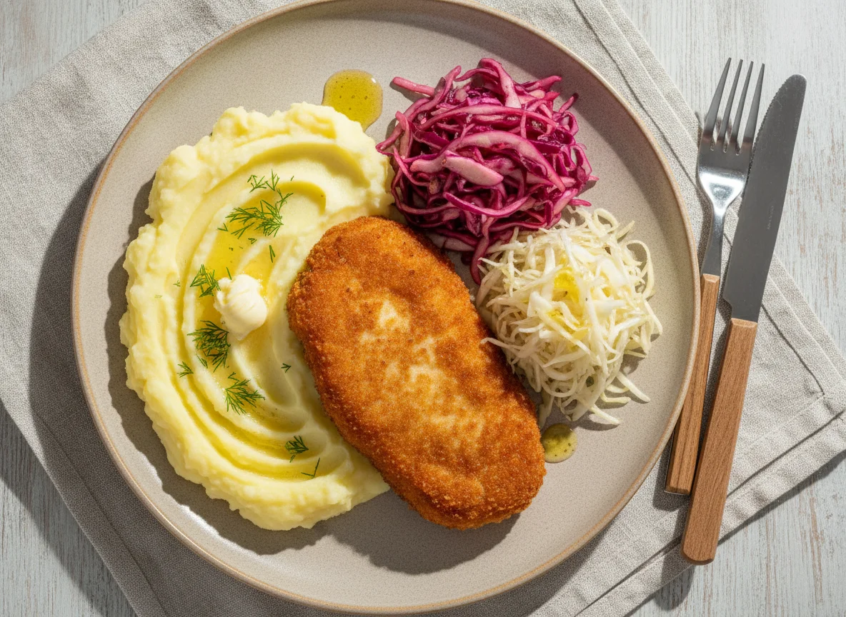 Куриная отбивная с картофельным пюре и салатом из капусты photo