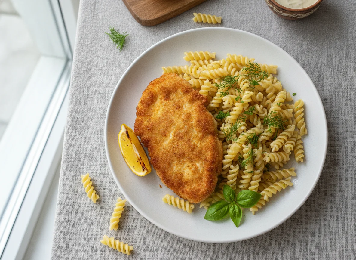 Куриная отбивная с макаронами фузилли photo