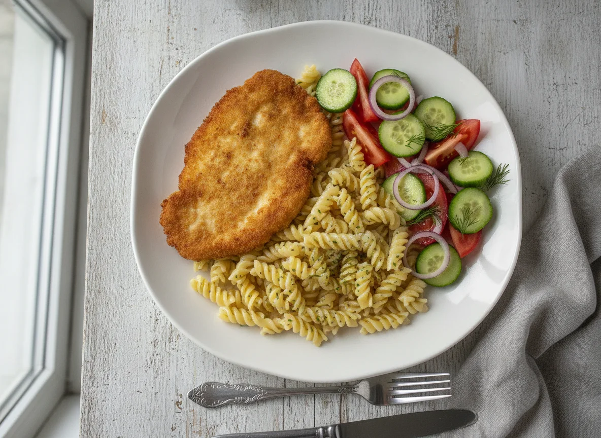 Куриная отбивная с макаронами и овощным салатом photo