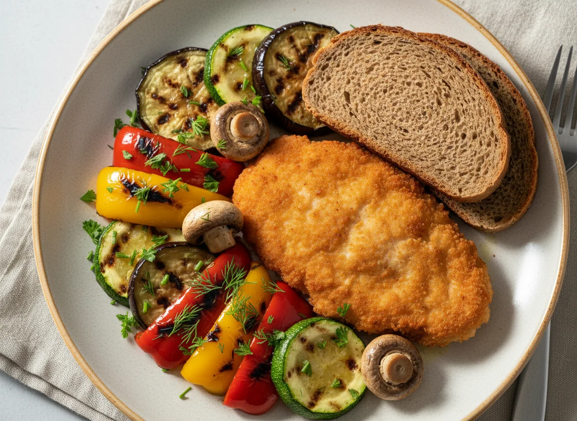 Куриная отбивная с овощами гриль и хлебом photo