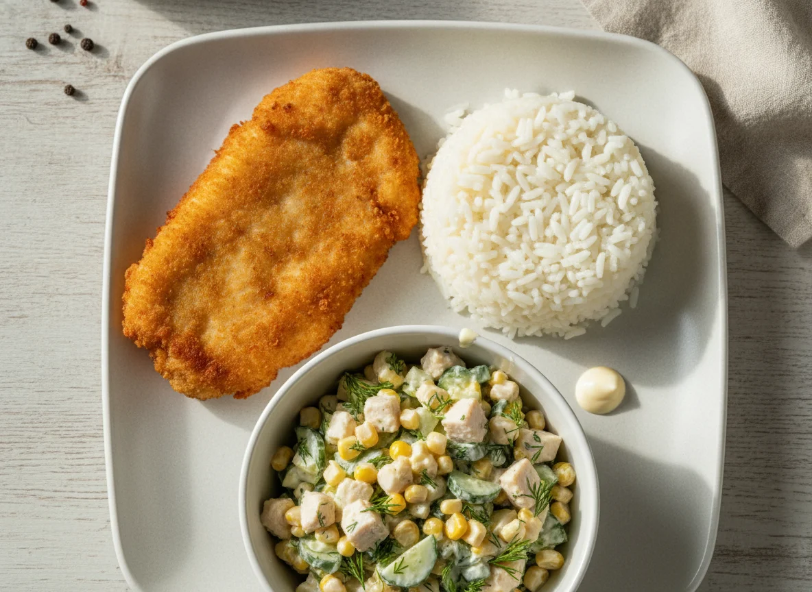 Куриная отбивная с рисом и овощным салатом photo