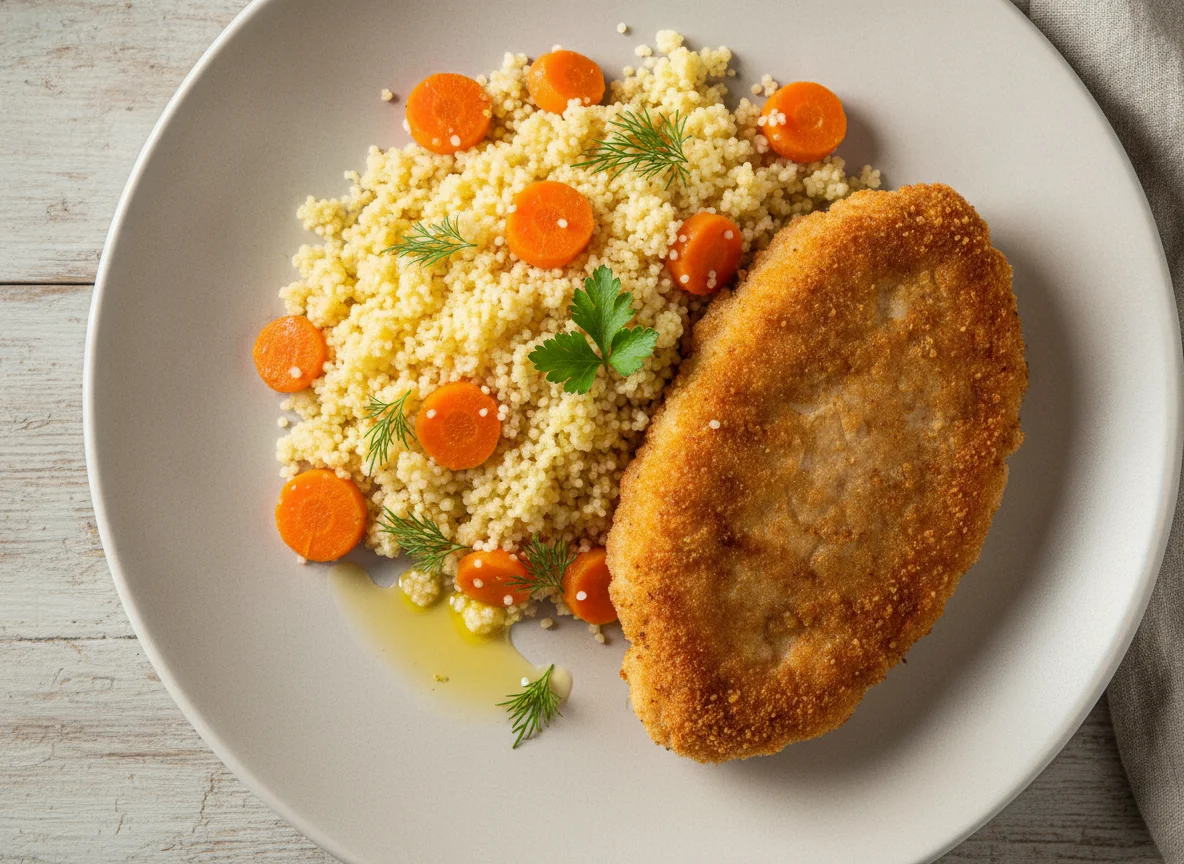 Куриная отбивная в панировке с кускусом и овощами photo