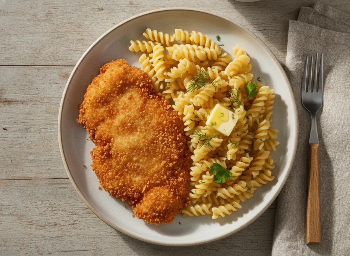 Куриная отбивная в панировке с макаронами фузилли photo