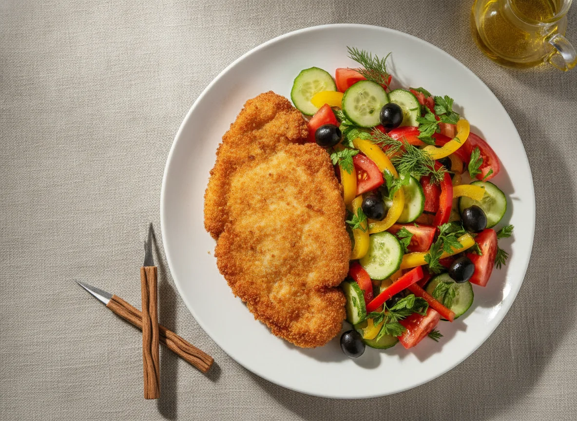 Куриная отбивная в панировке с овощным салатом photo