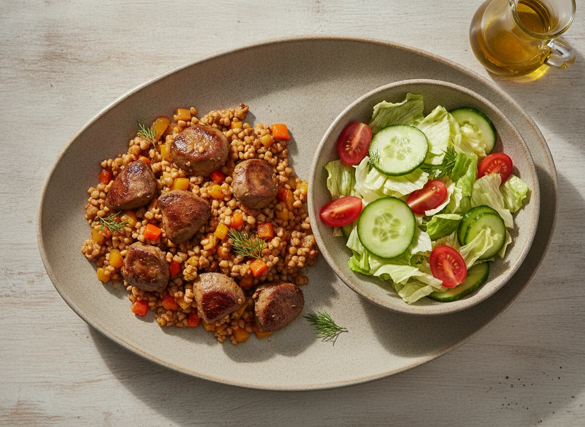 Куриная печень с булгуром и овощной салат photo