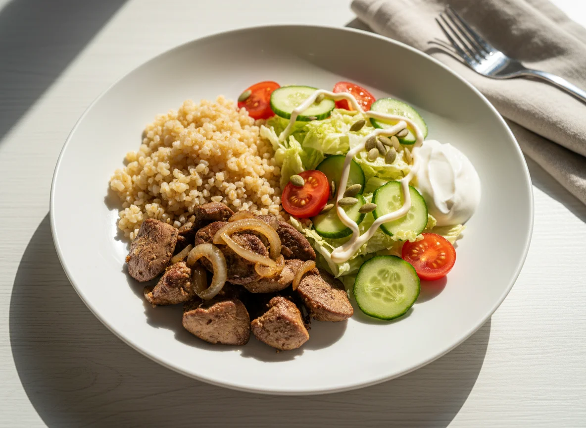 Куриная печень с булгуром и овощным салатом photo