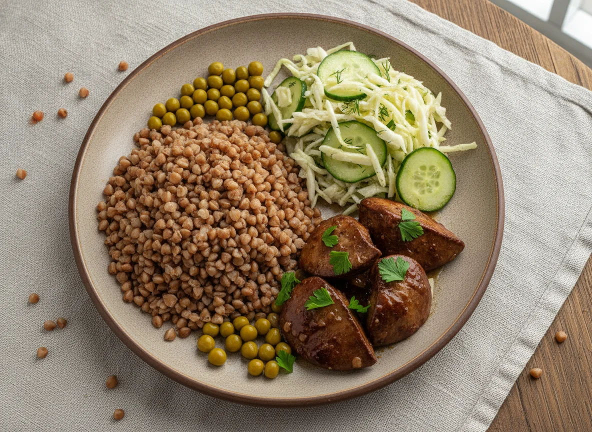 Куриная печень с гречкой и овощным салатом photo