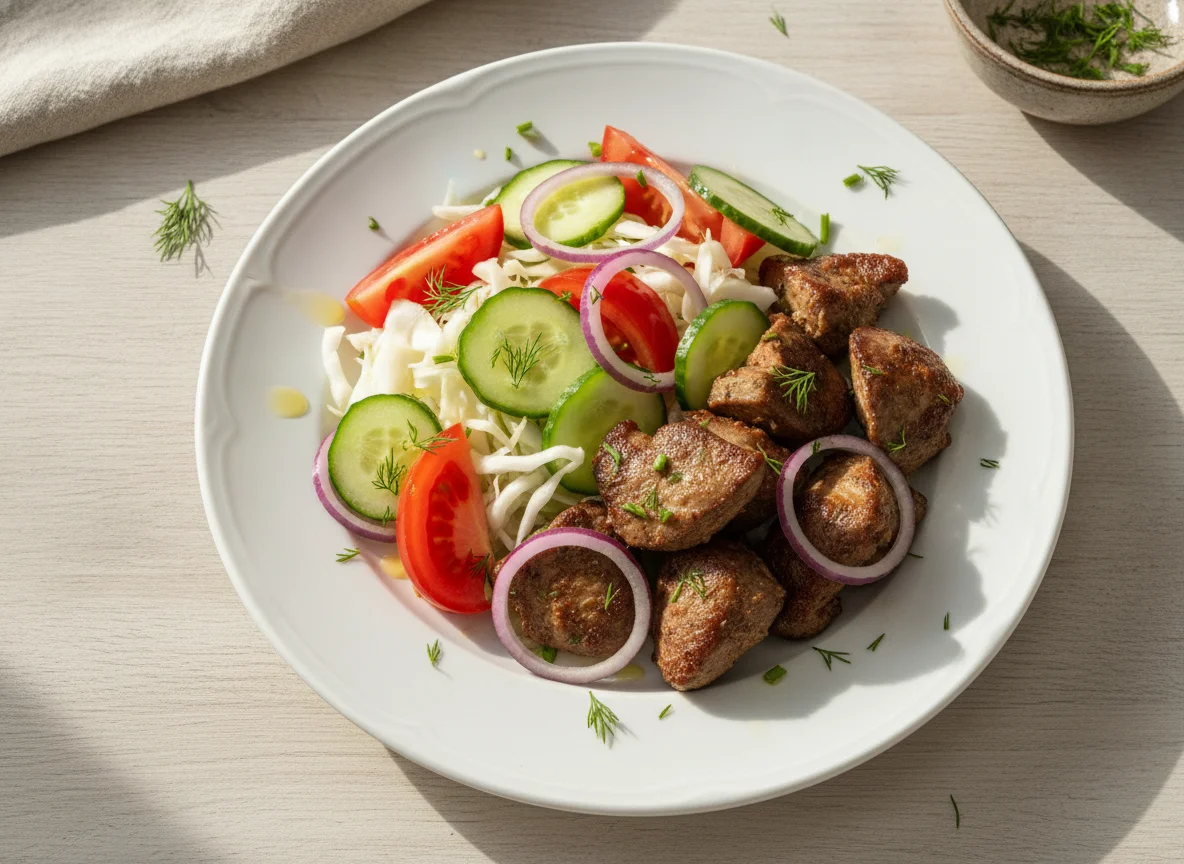 Куриная печень с овощным салатом photo