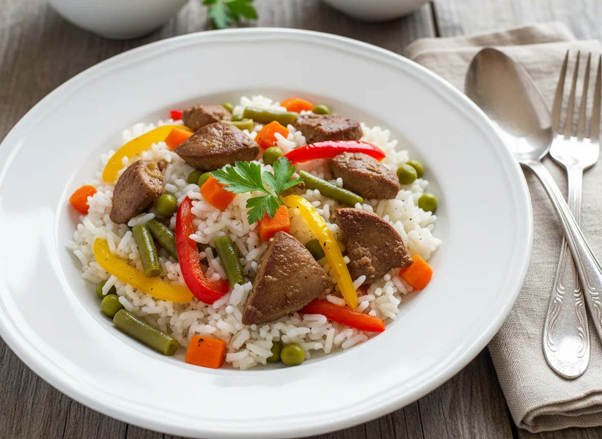 Куриная печень с рисом и овощами photo