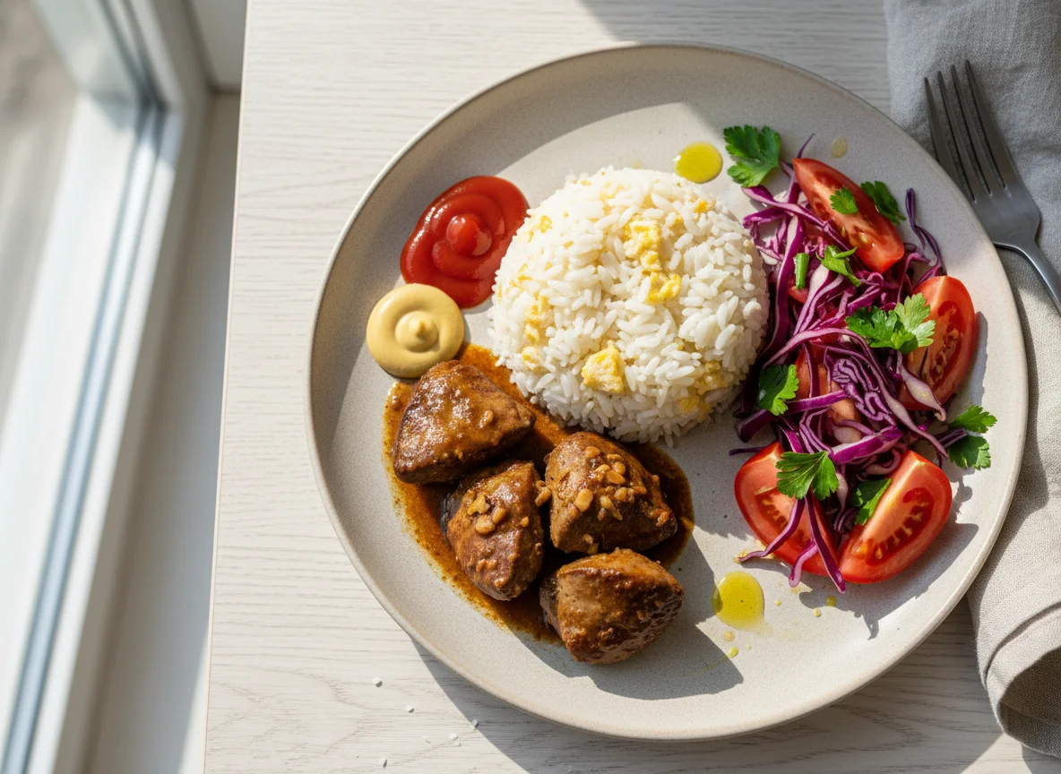 Куриная печень с рисом и овощным салатом photo