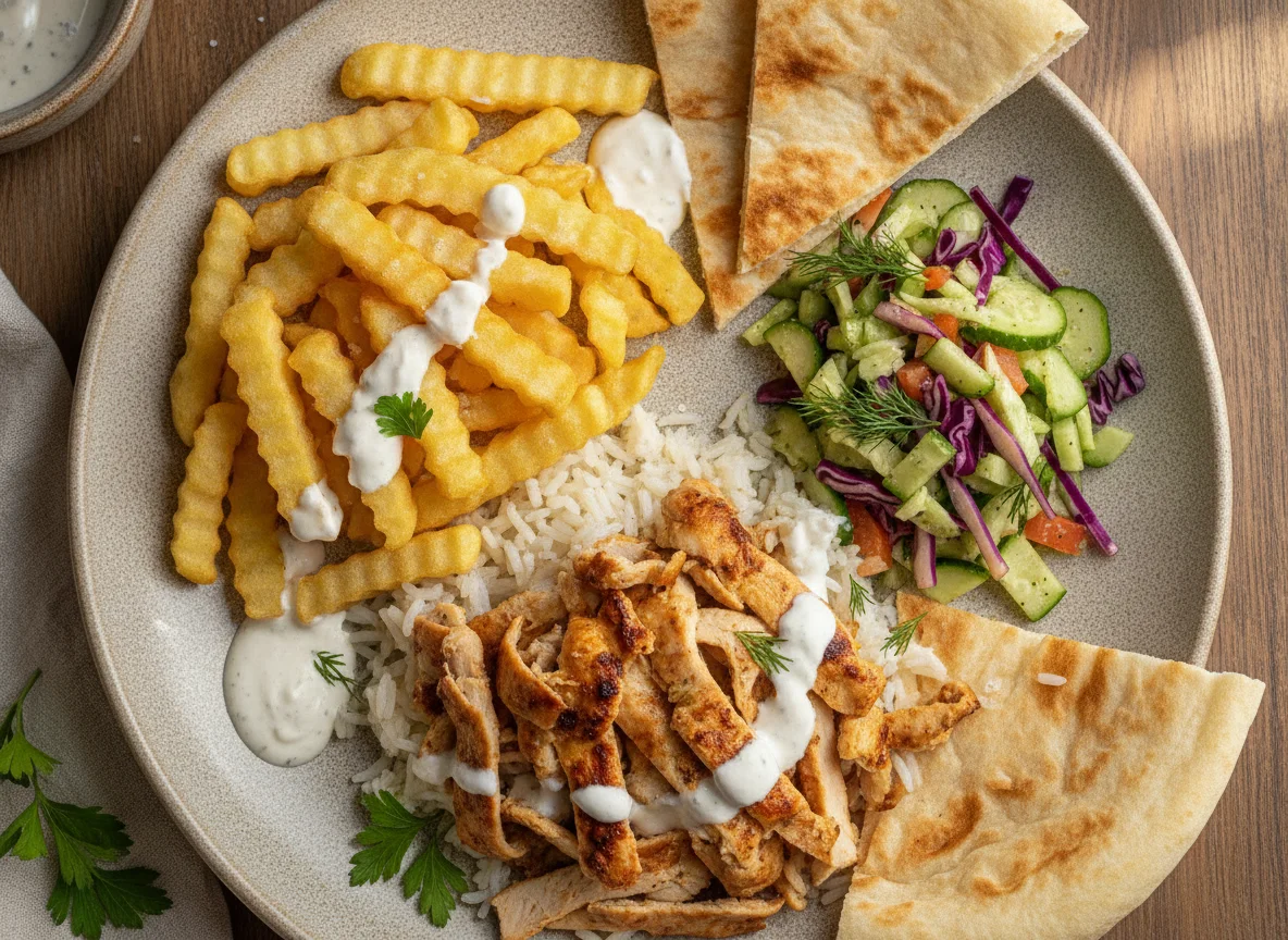 Куриная шаурма с рисом и картофелем фри photo