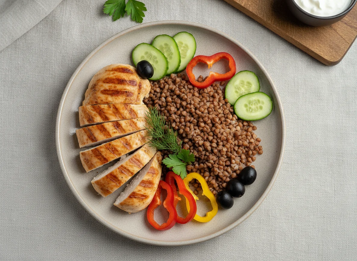 Куриное филе на гриле с гречкой и овощами photo