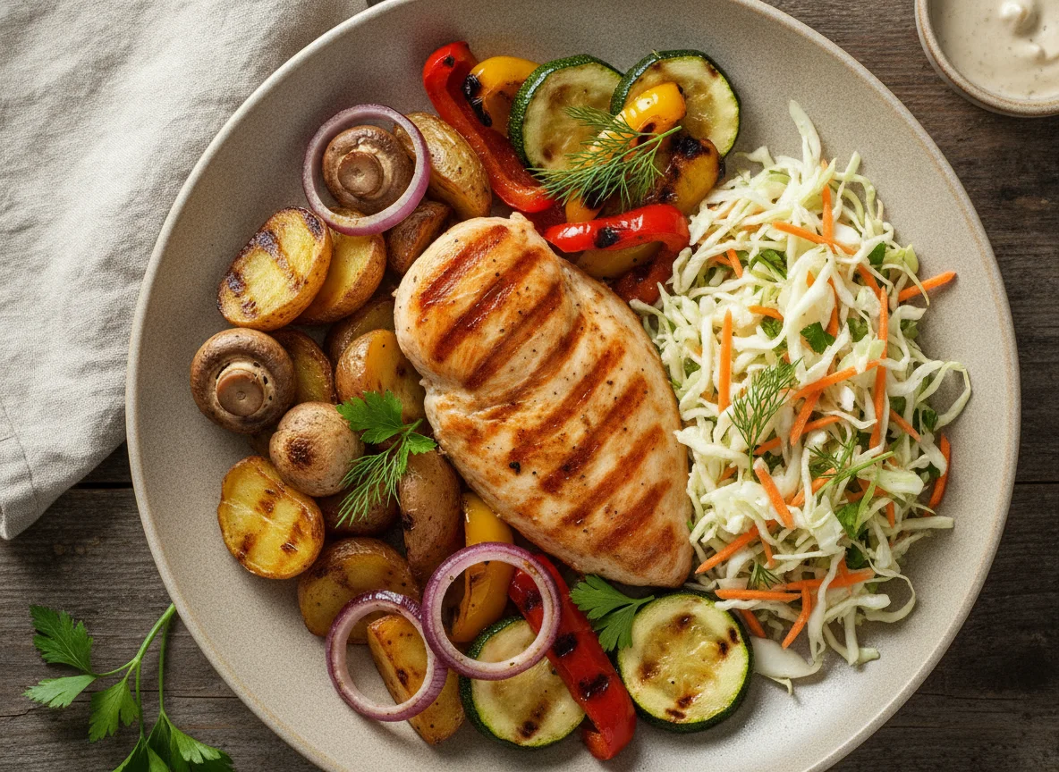 Куриное филе на гриле с овощами и салатом photo