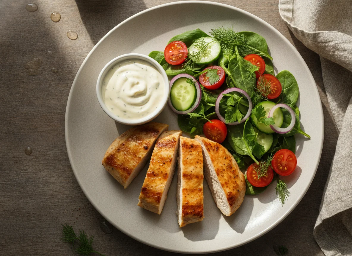 Куриное филе на гриле с овощным салатом и соусом photo