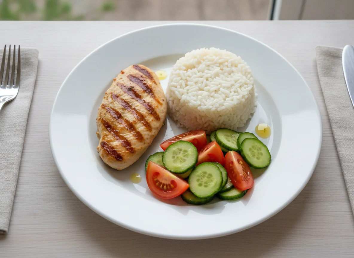 Куриное филе на гриле с рисом и овощным салатом photo