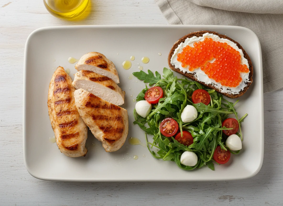 Куриное филе на гриле с салатом и бутербродом с икрой photo
