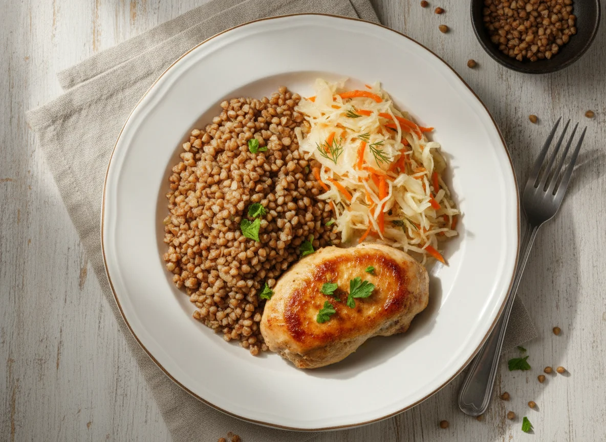 Куриное филе с гречкой и квашеной капустой photo