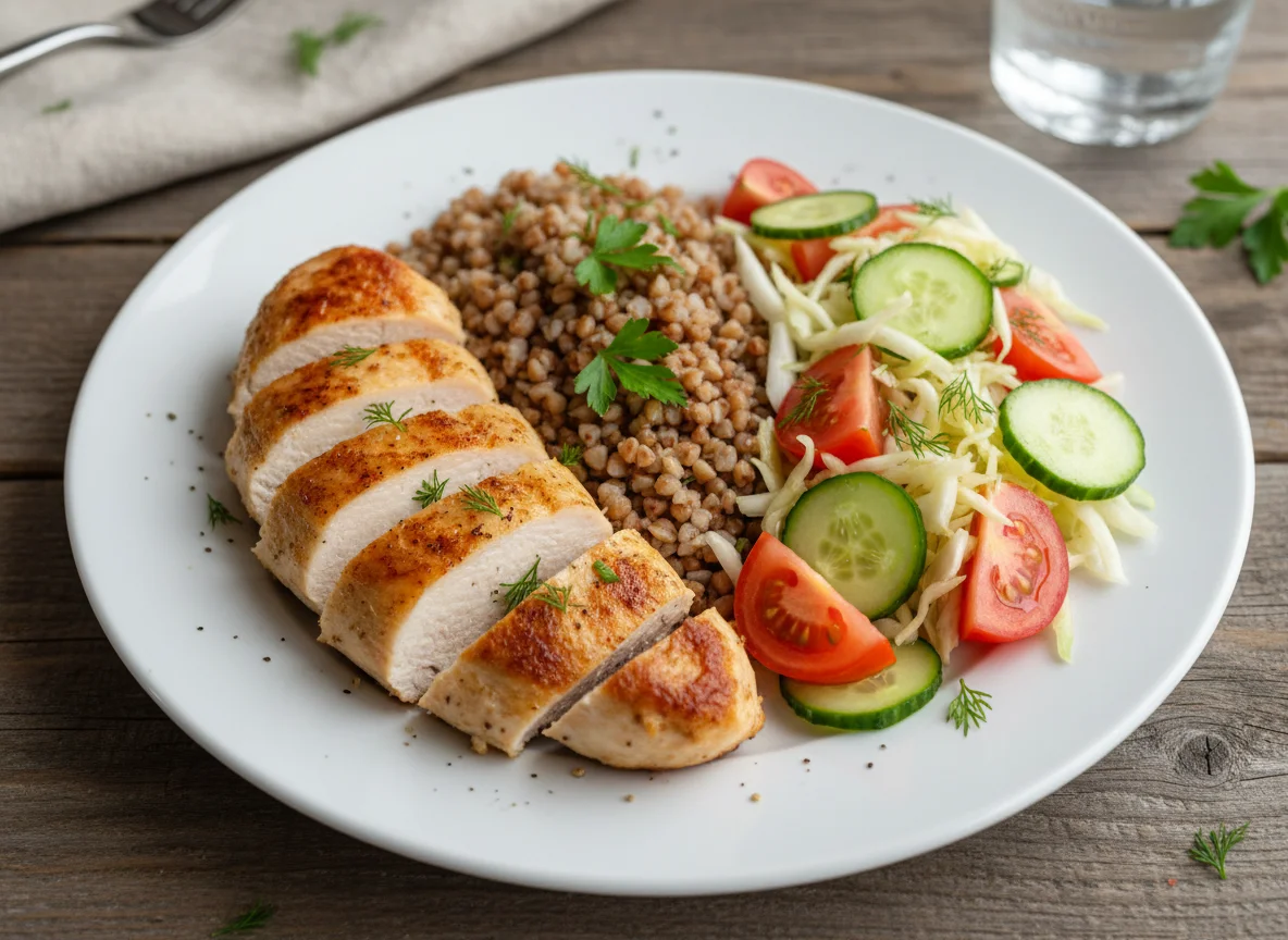 Куриное филе с гречкой и овощным салатом photo