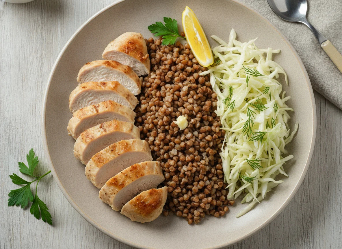 Куриное филе с гречкой и салатом из капусты photo