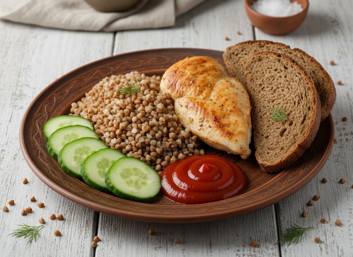 Куриное филе с гречкой, огурцами и хлебом photo