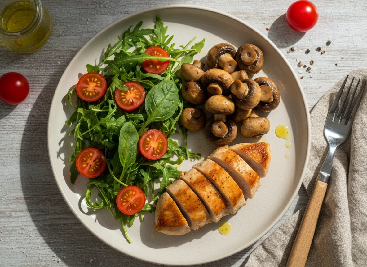 Куриное филе с грибами и салатом photo