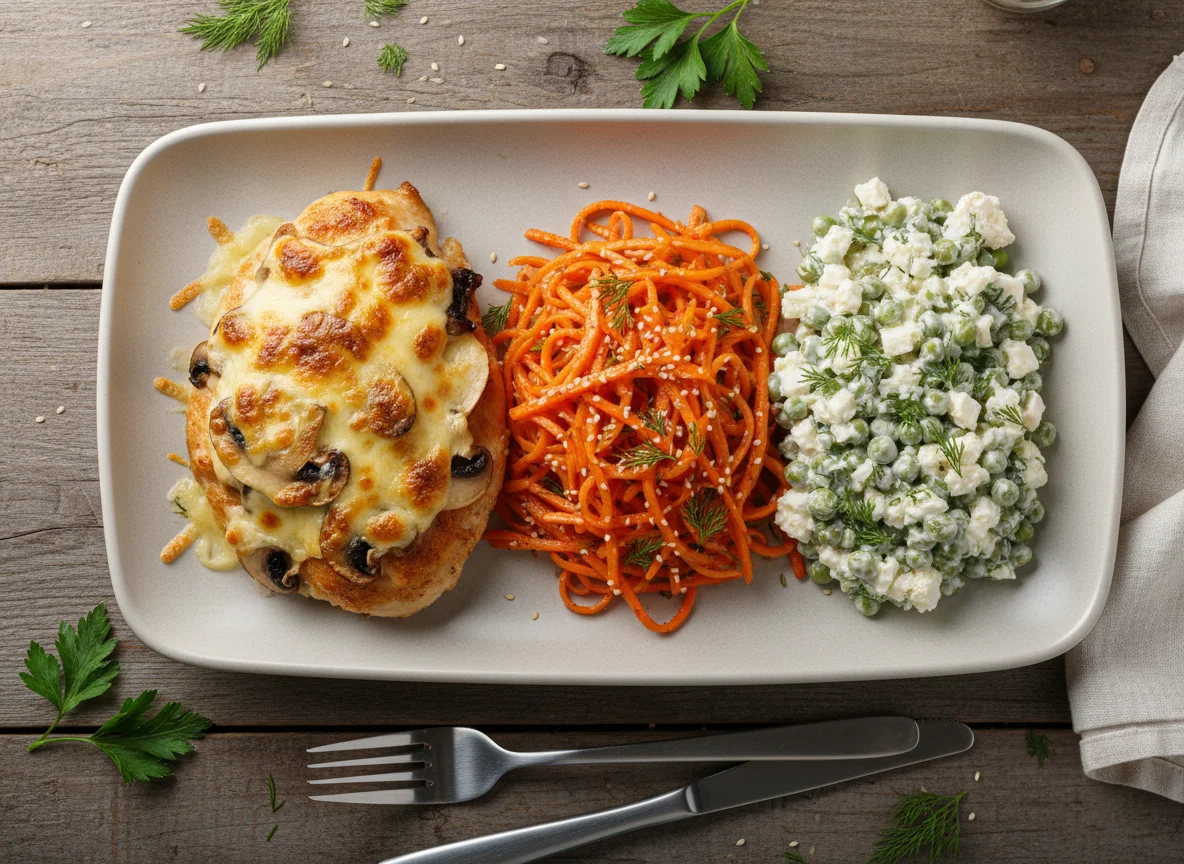 Куриное филе с грибами и сыром, морковь по-корейски и салат из творога photo