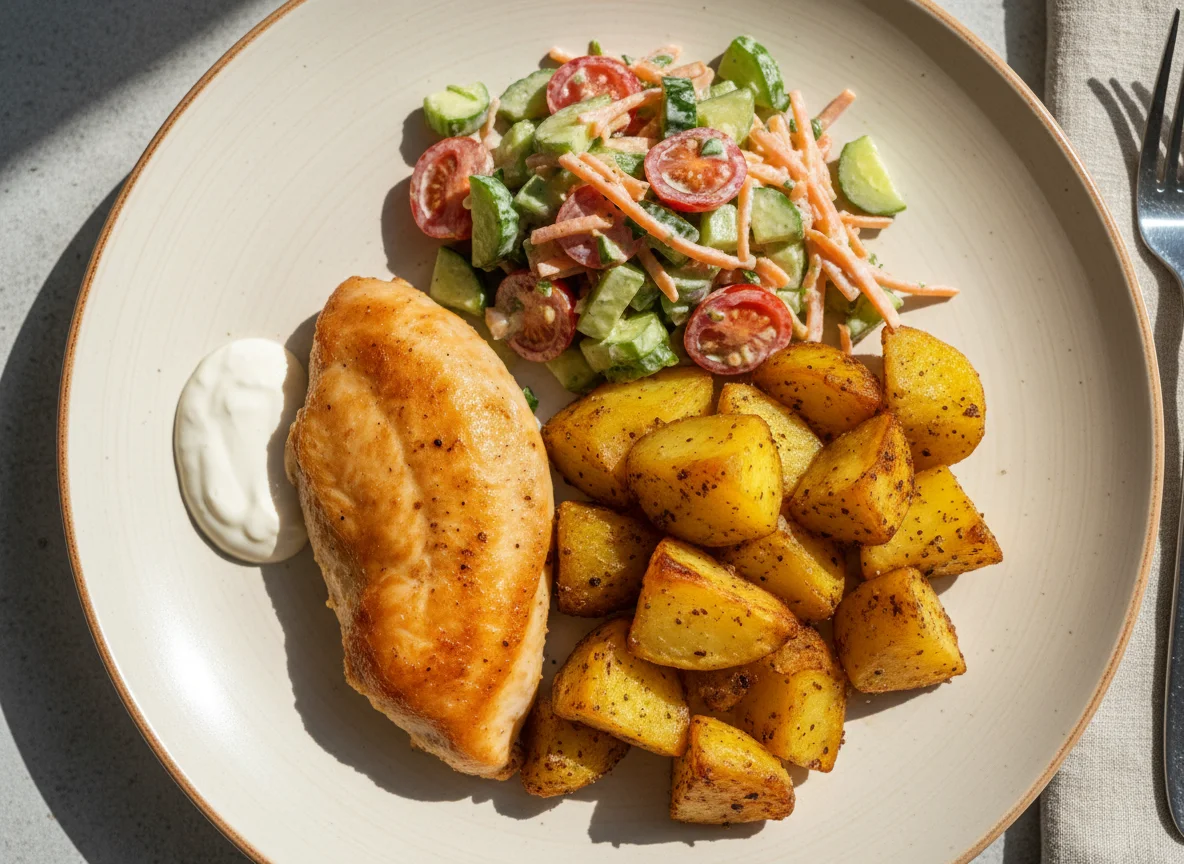 Куриное филе с картофелем и салатом photo