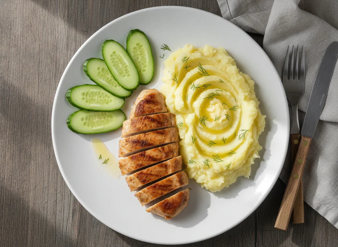 Куриное филе с картофельным пюре и огурцами photo