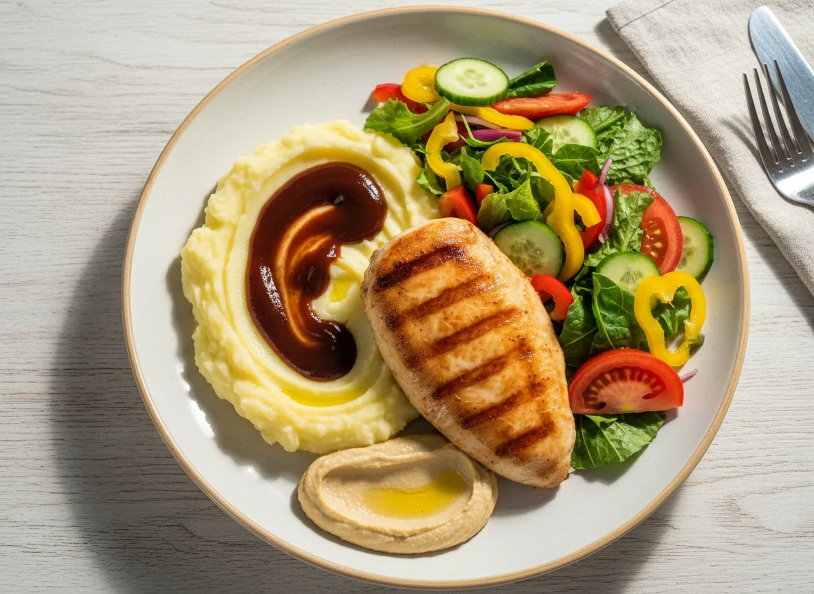 Куриное филе с картофельным пюре и овощным салатом photo