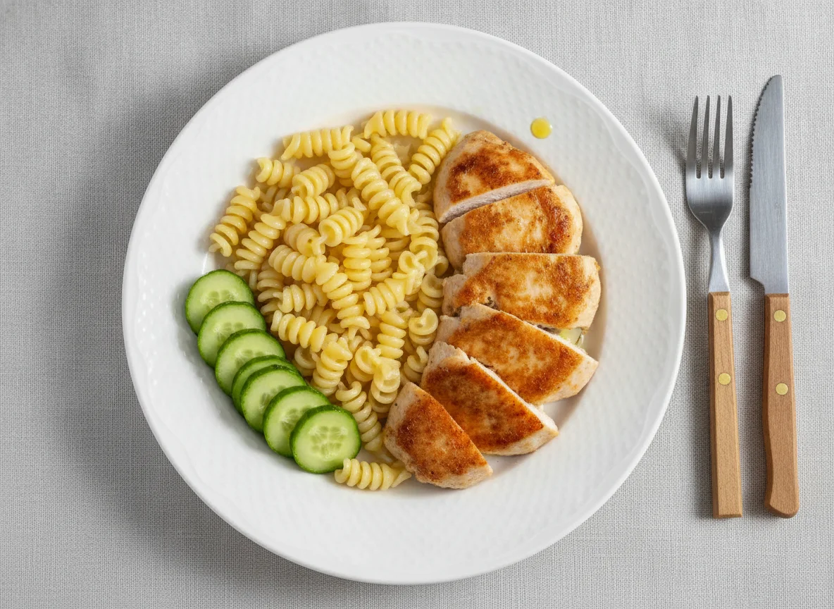Куриное филе с макаронами и огурцом photo