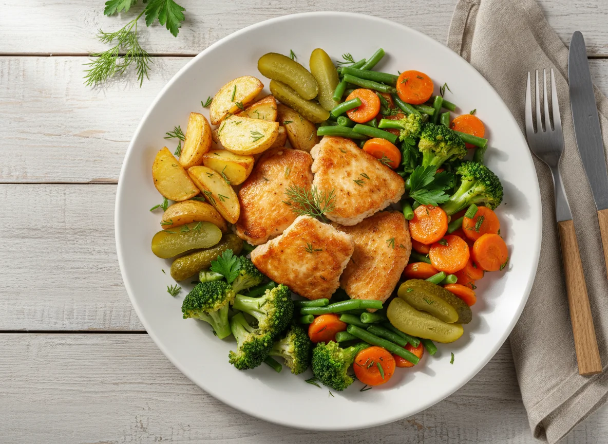 Куриное филе с овощами и маринованными огурцами photo