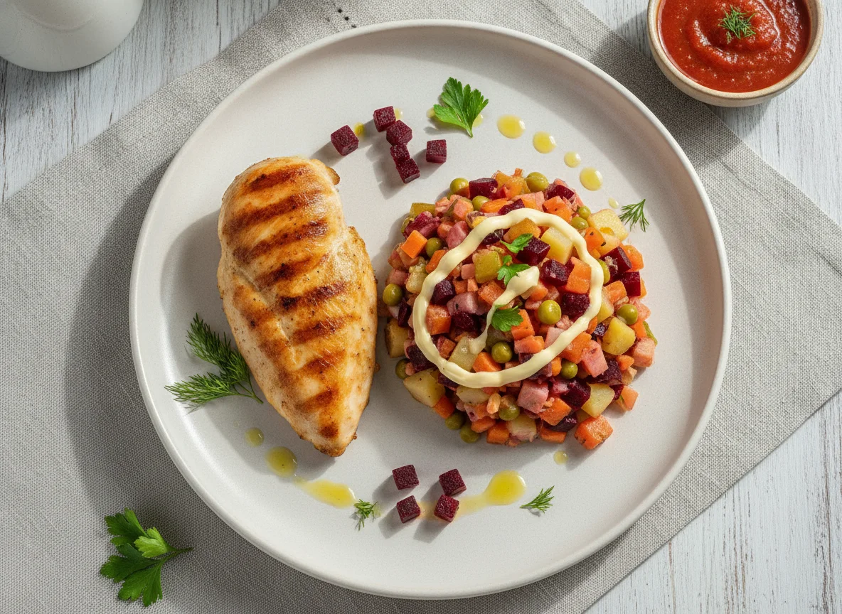 Куриное филе с овощным салатом и соусом photo