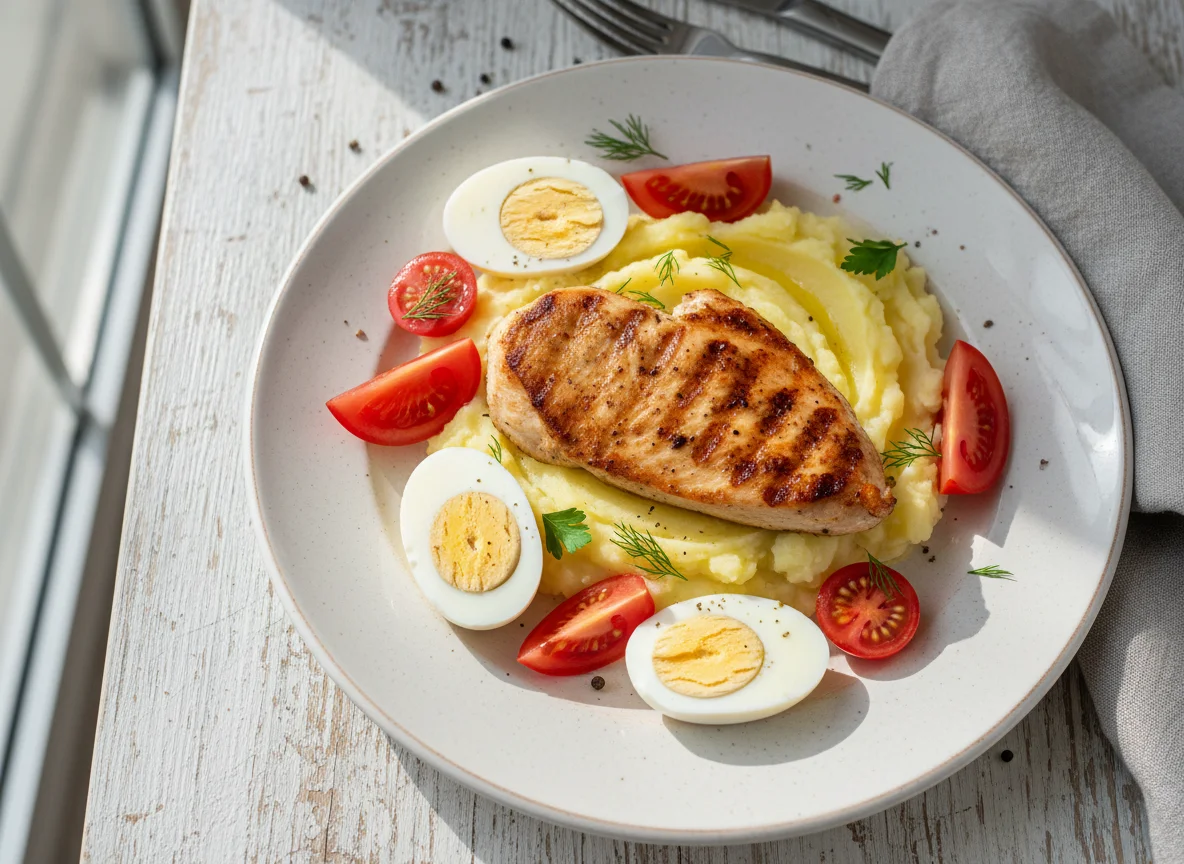 Куриное филе с пюре, яйцами и помидорами photo