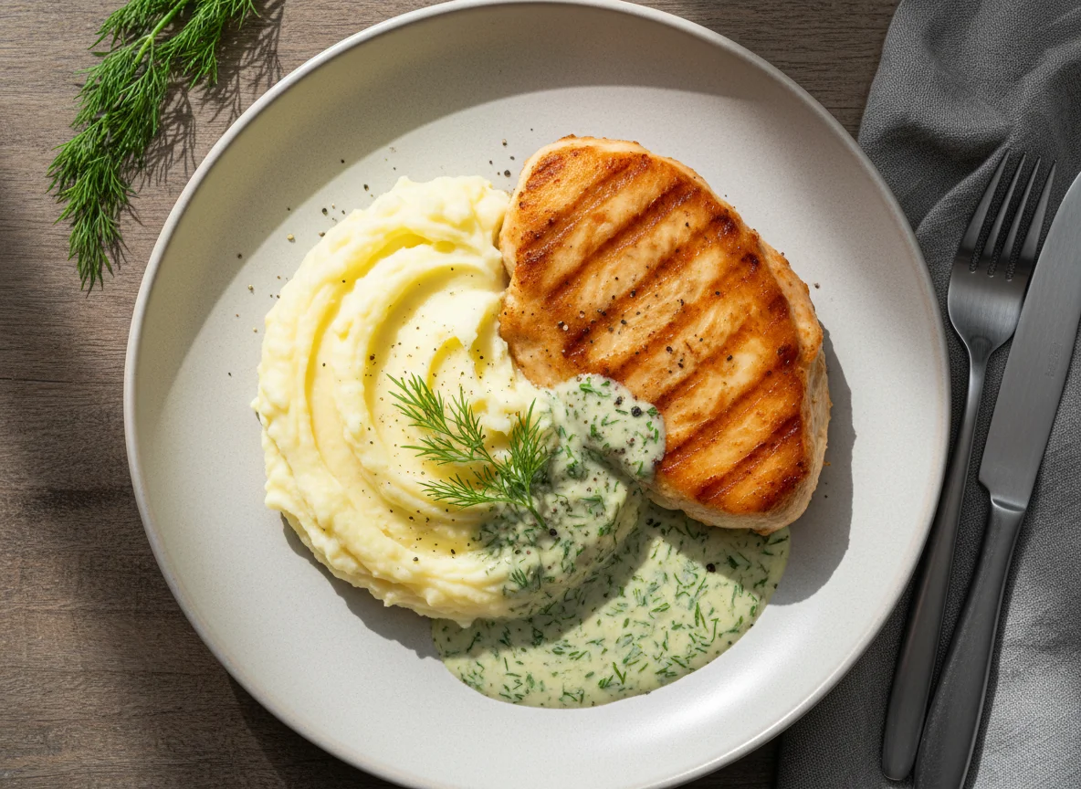 Куриное филе с пюре и соусом photo