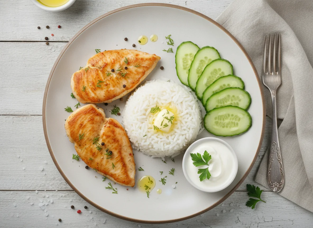 Куриное филе с рисом и огурцом photo