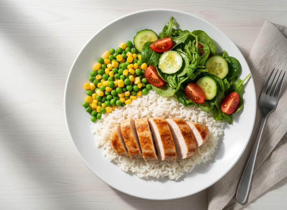 Куриное филе с рисом и овощами, салат photo