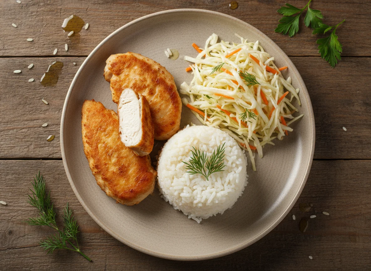 Куриное филе с рисом и салатом из капусты photo
