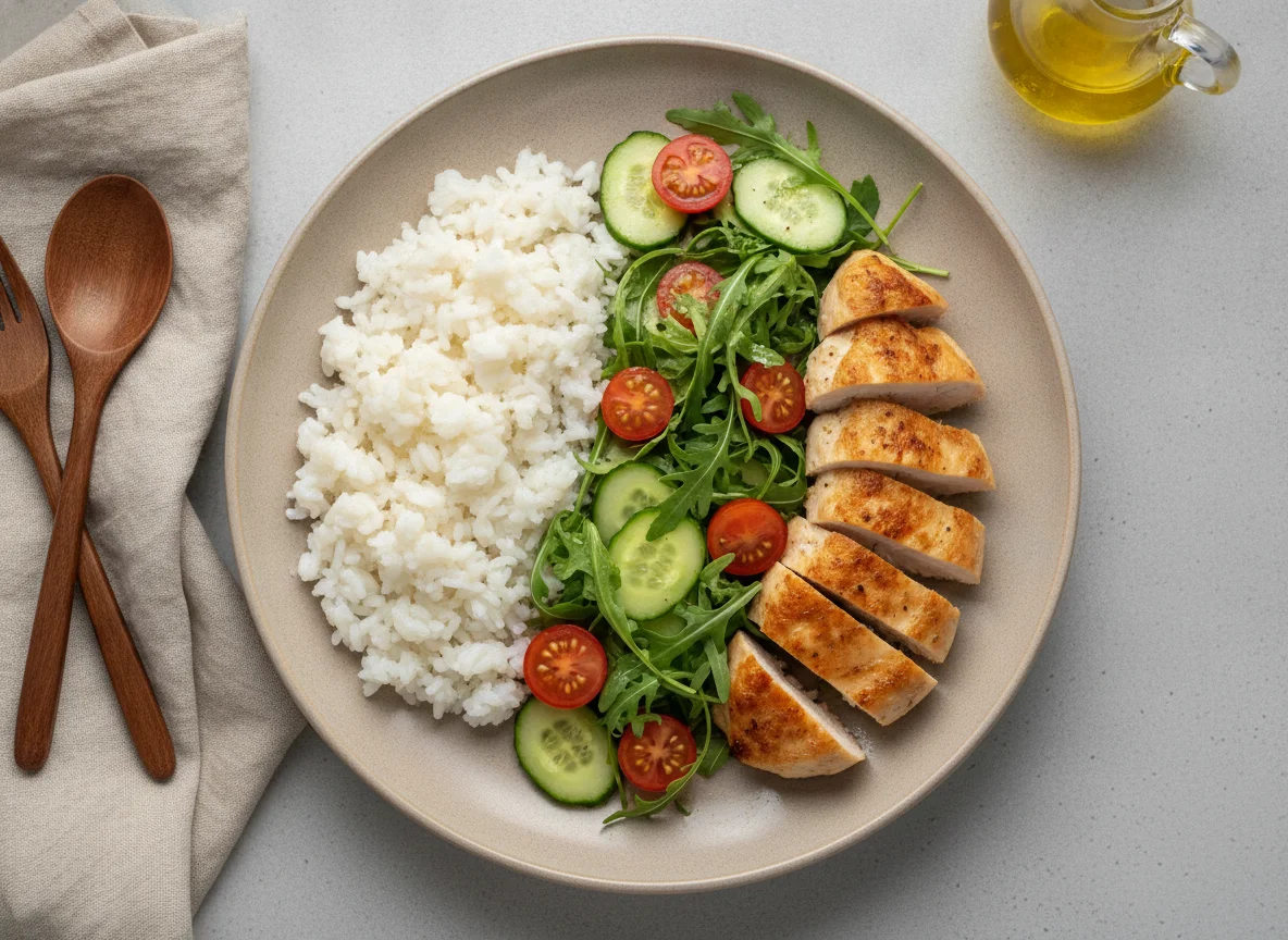 Куриное филе с рисом и свежим салатом photo