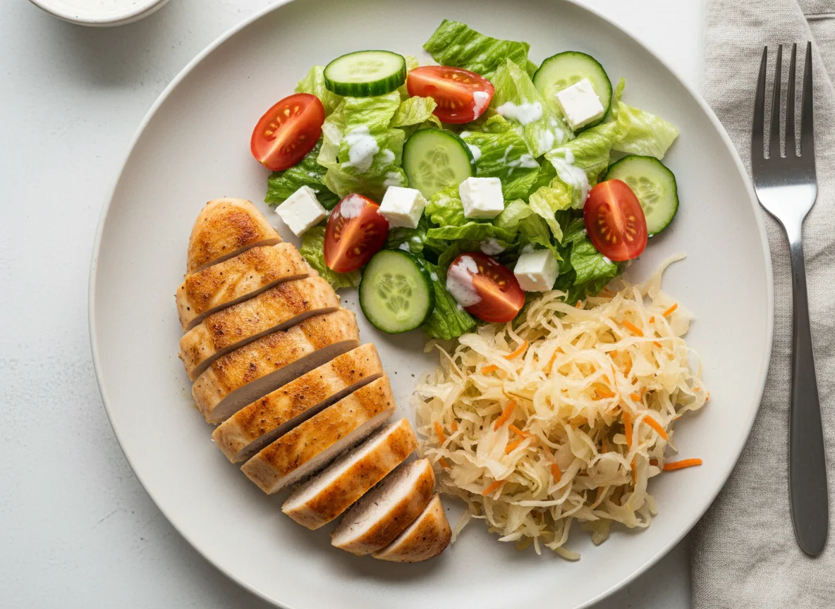 Куриное филе с салатом и квашеной капустой photo