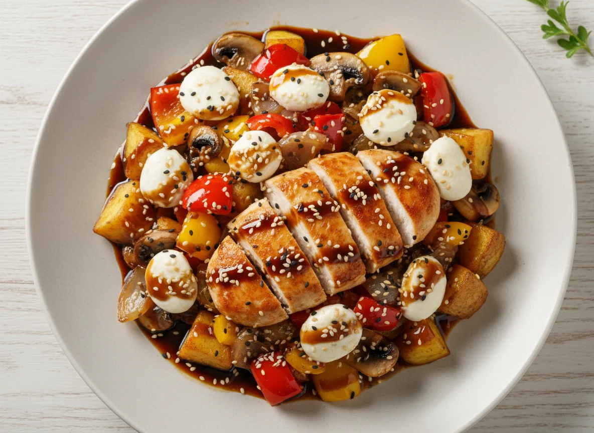 Куриное филе с сырными овощами и кунжутом photo