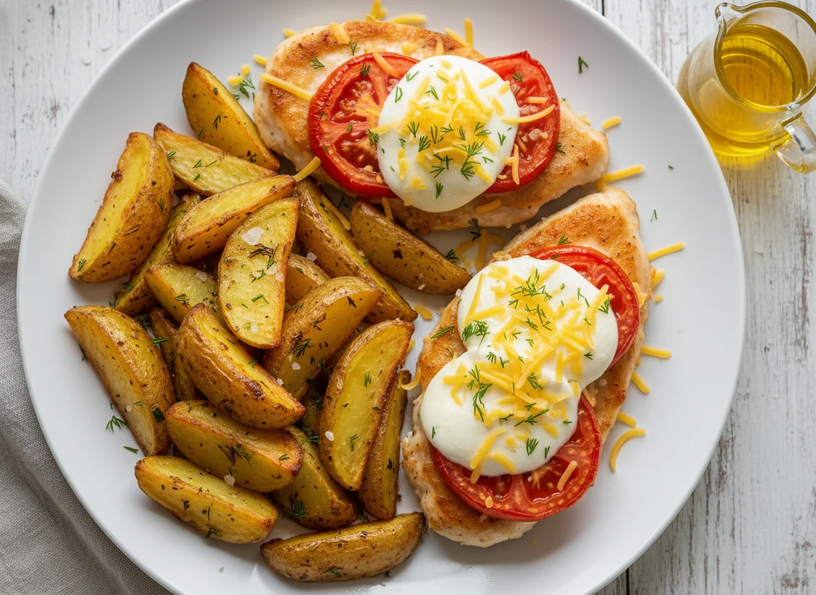 Куриное филе с сыром и помидорами и картофелем по-деревенски photo
