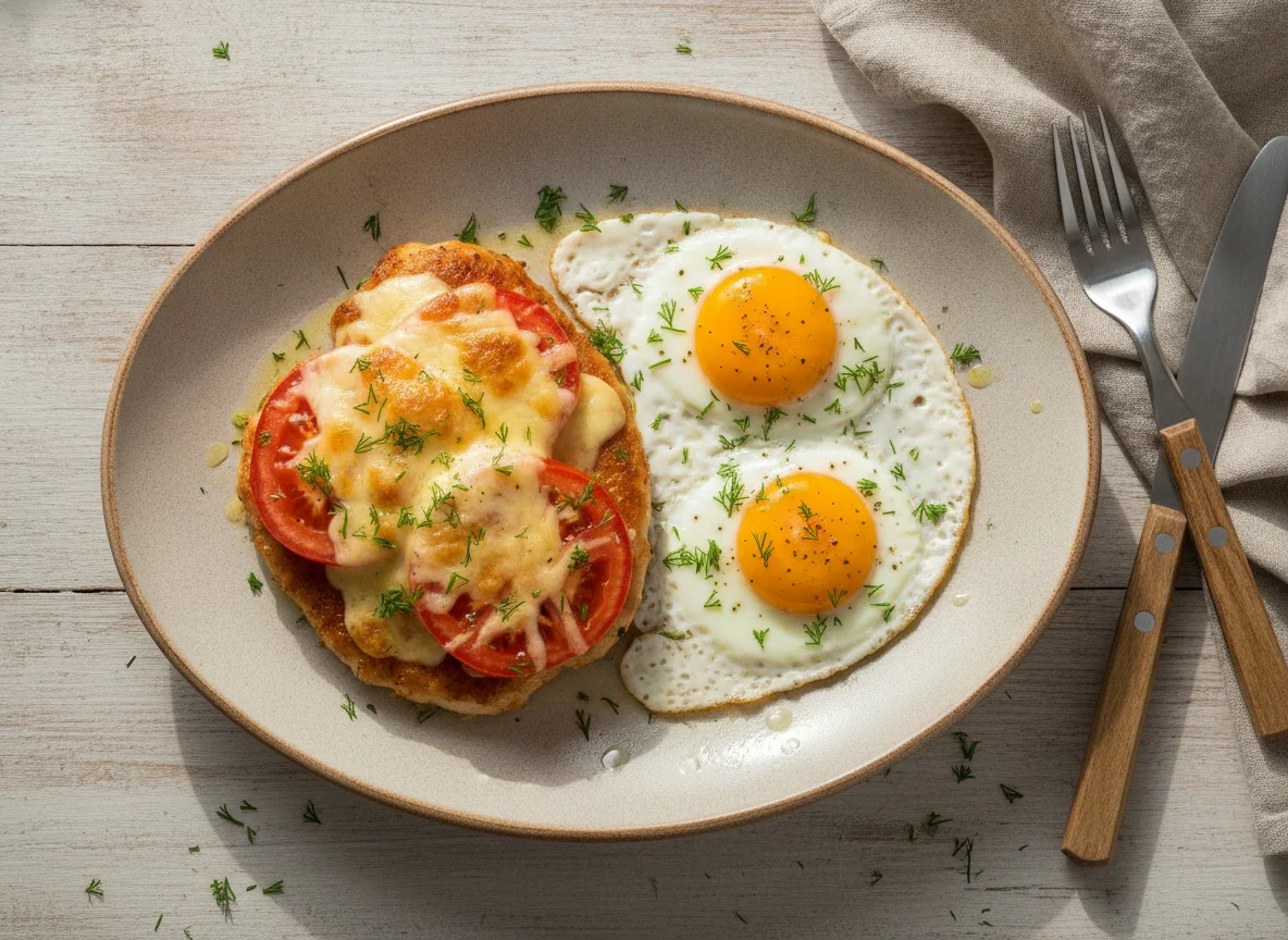 Куриное филе с сыром и помидором, яичница и зелень photo