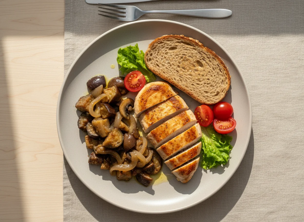 Куриное филе с тостом, помидорами и тушеными овощами photo