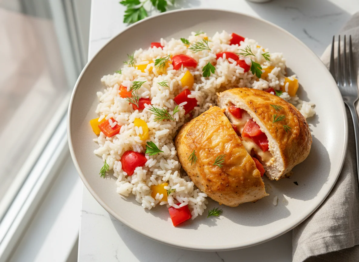 Куриное филе с запеченной начинкой и рисом photo
