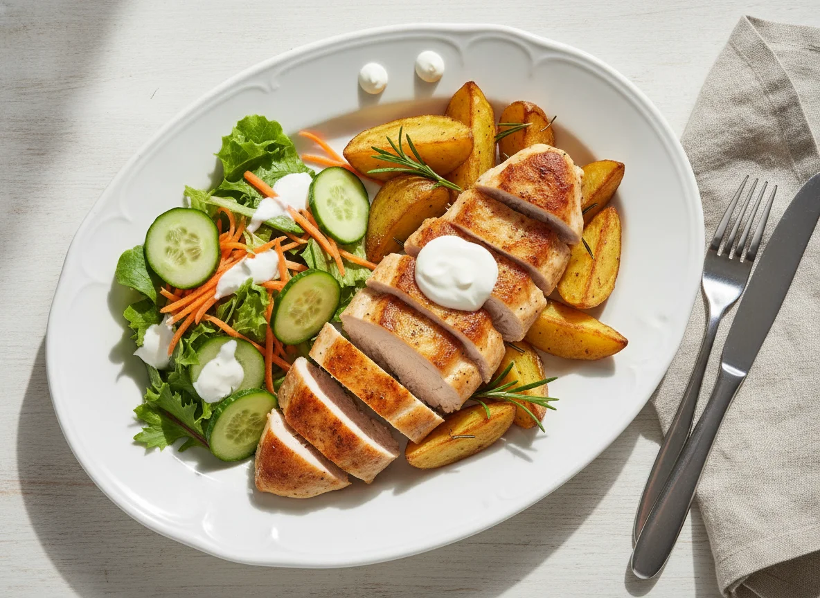 Куриное филе с запеченным картофелем и овощным салатом photo