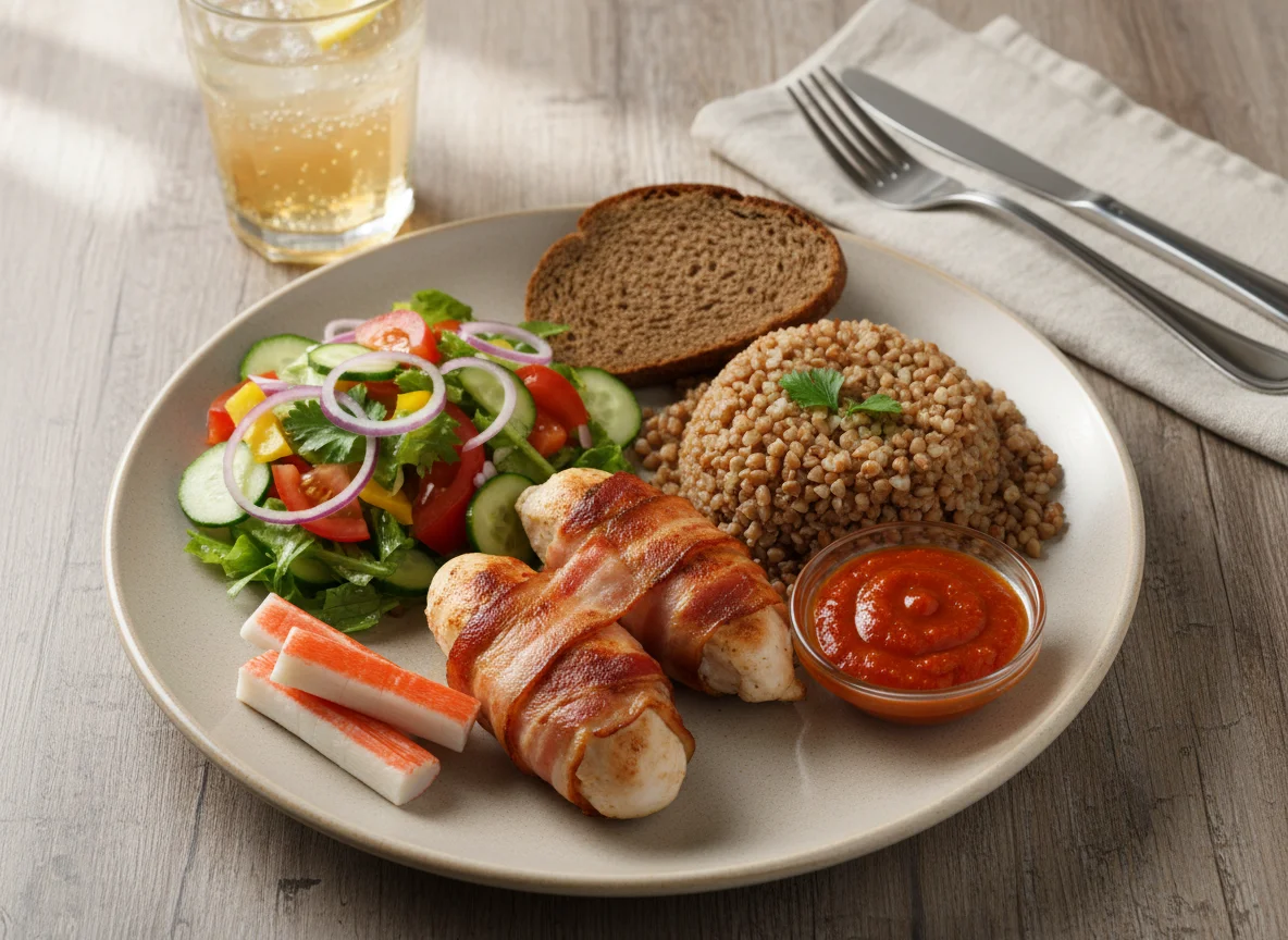 Куриное филе в беконе с гречкой и салатом photo